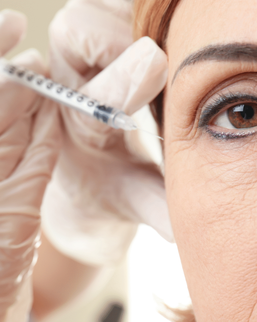 une femme reçoit une injection botox patte d'oie