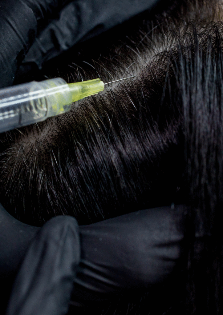 Injection de mésothérapie directement dans le cuir chevelu à l'aide d'une seringue, pour stimuler la repousse des cheveux.