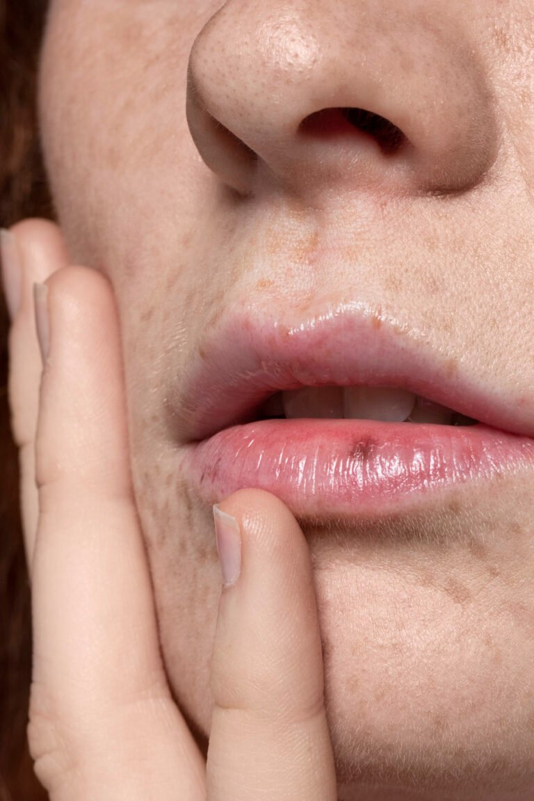 Gros plan d’une lèvre présentant un lac veineux, petite tache bleutée due à une dilatation veineuse