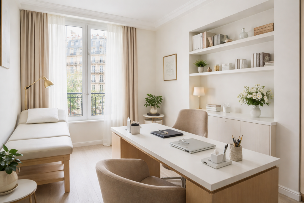 Cabinet de médecine générale élégant à Paris 15 au sein du Centre du Champ de Mars, bureau médical lumineux et structuré