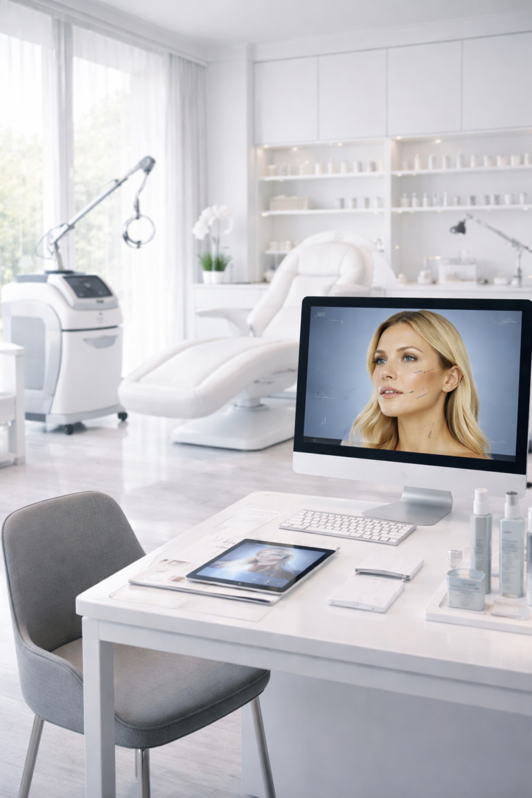 Centre médical esthétique à Paris avec espace de consultation et équipements technologiques pour analyse du visage et traitements esthétiques