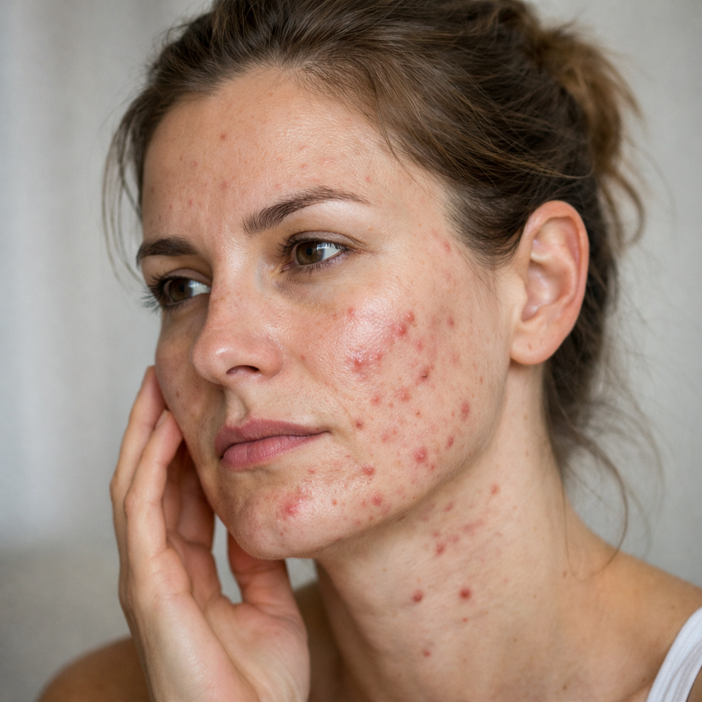 Acné adulte chez une femme de 30 ans avec lésions inflammatoires du visage