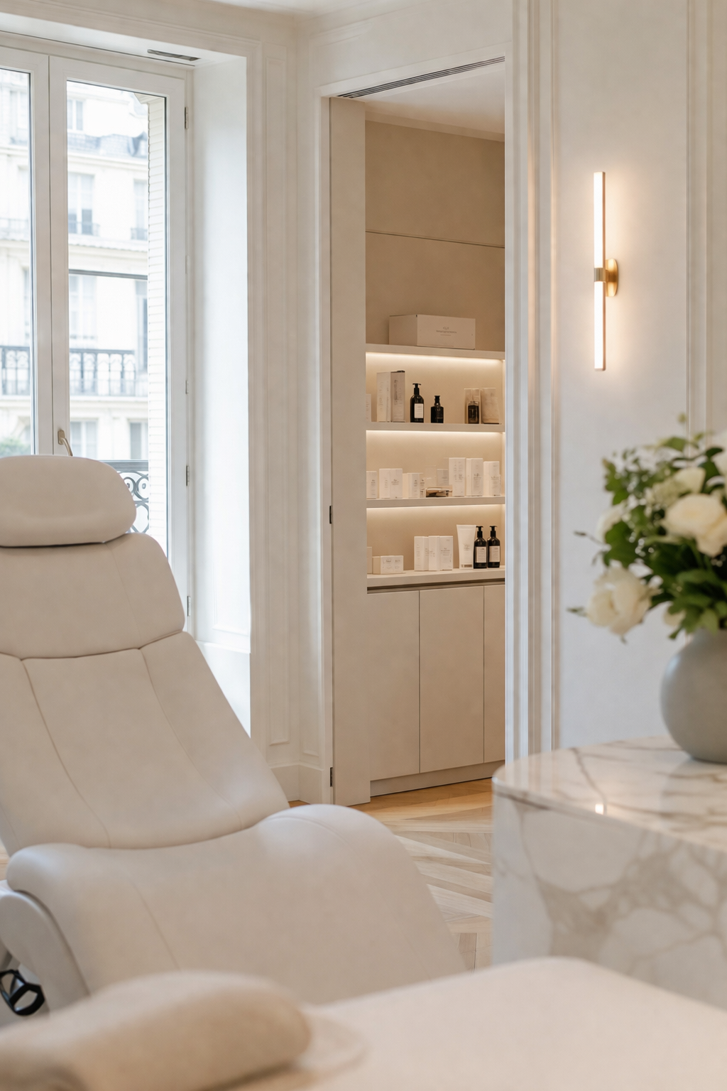 Cabinet de médecine esthétique à Paris avec fauteuil de soin et espace médical lumineux