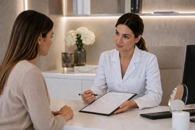 Médecin esthétique informant une patiente lors d’une consultation de consentement éclairé avant traitement médical esthétique à Paris.
