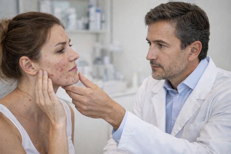 Consultation médicale pour acné adulte avec analyse du visage par un médecin