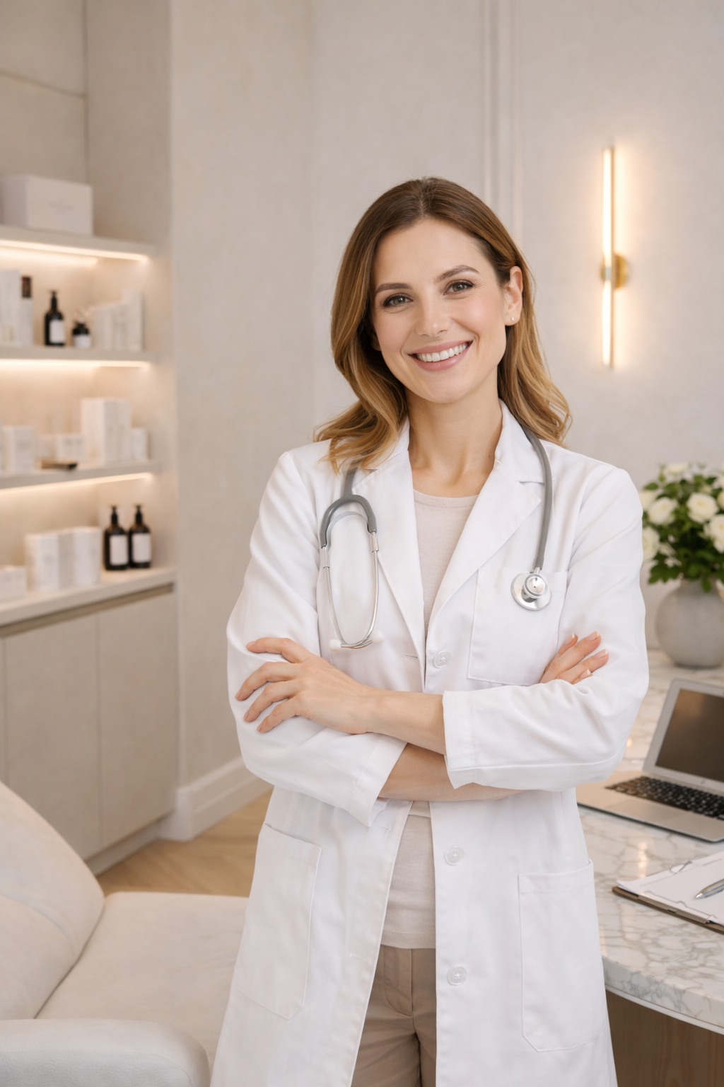 Médecin esthétique femme souriante dans un cabinet médical à Paris