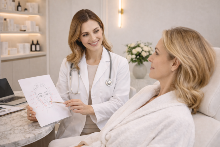 Médecin esthétique expliquant un plan de traitement à une patiente en consultation à Paris
