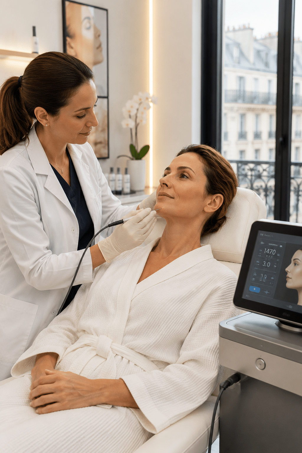 Médecin réalisant une séance d’Endolift sur une patiente dans un cabinet de médecine esthétique à Paris.