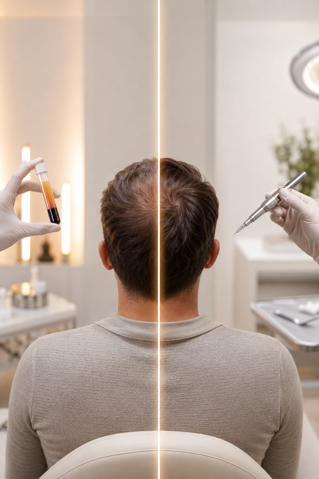 Patient en consultation capillaire dans un centre médical comparant PRP cheveux et greffe capillaire pour traiter la chute de cheveux à Paris.
