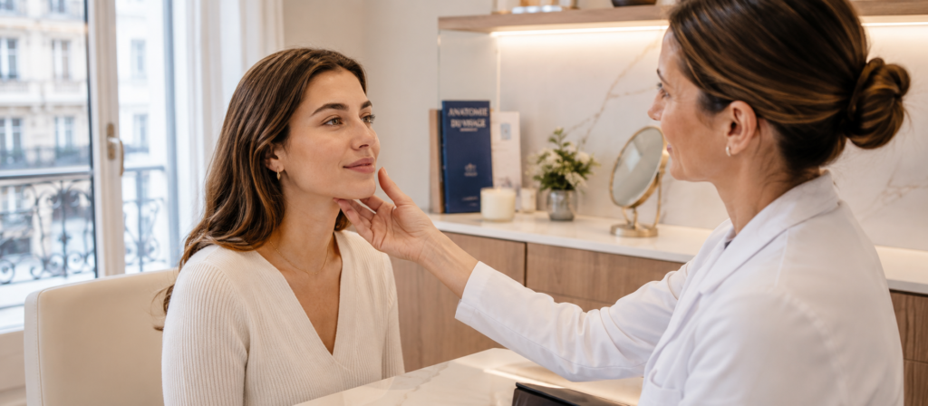 Médecin réalisant une analyse du visage d'une patiente lors d'une consultation de Baby Botox à Paris avant des injections de toxine botulique pour un résultat naturel.