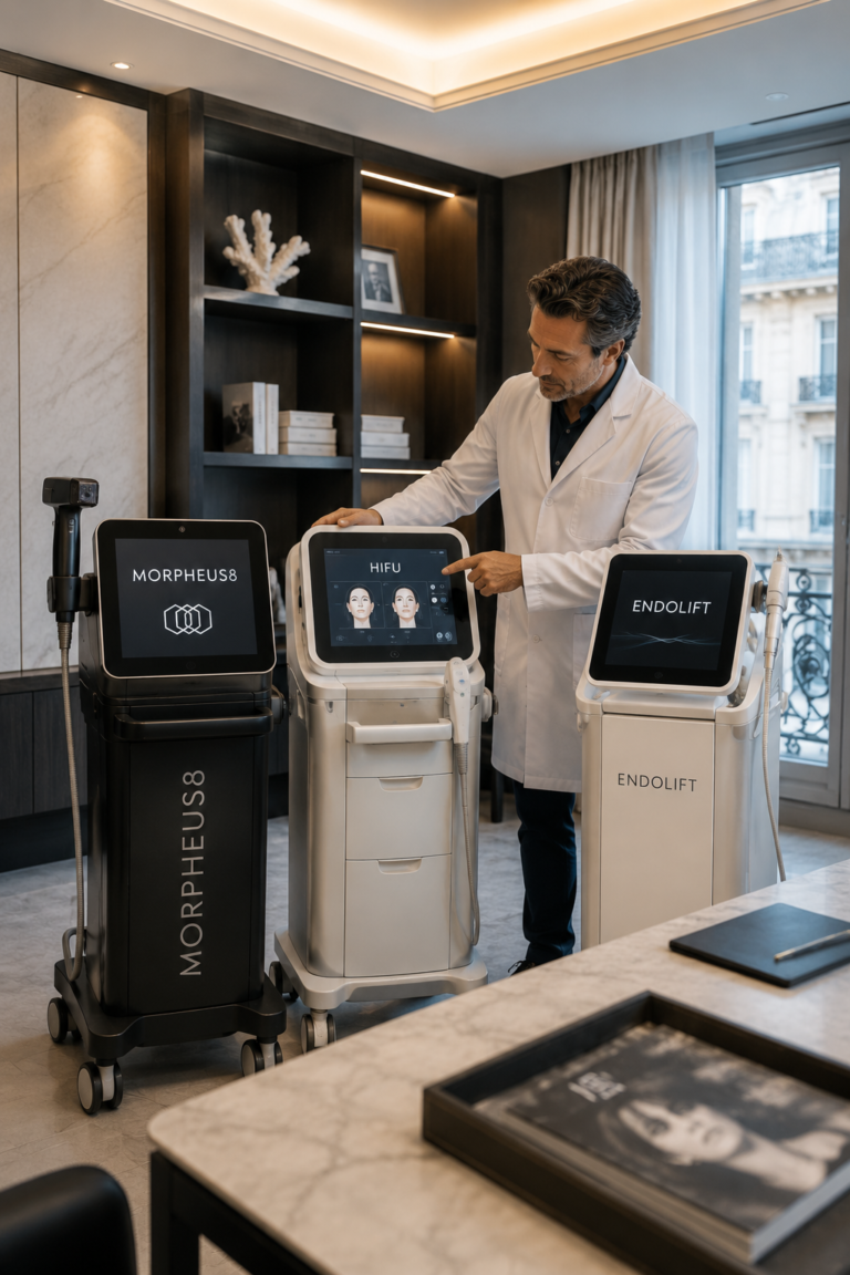 Médecin esthétique comparant les technologies Morpheus8, HIFU et Endolift dans un cabinet médical à Paris pour traiter le relâchement du visage. Petit conseil SEO : pour Google Images, je préfère ici "comparatif-morpheus8-hifu-endolift-paris.jpg" plutôt que quelque chose de plus générique. C'est exactement la requête que l'article cible et cela renforce la cohérence sémantique de la page.