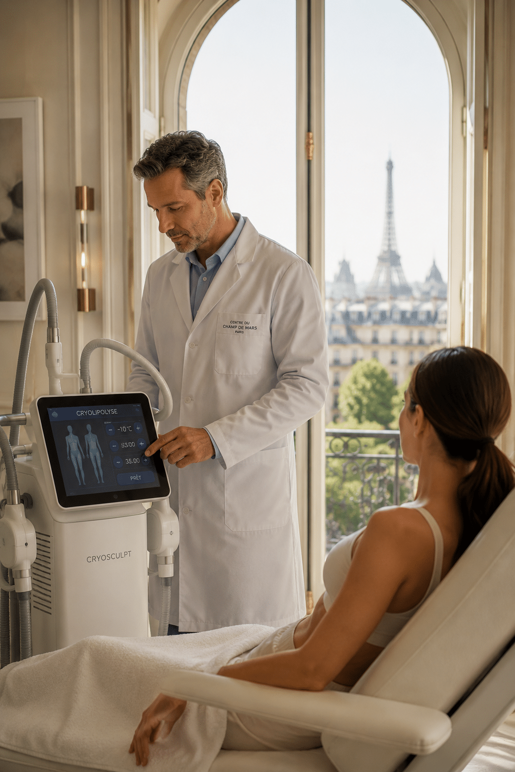 Médecin esthétique réglant une machine de cryolipolyse devant une patiente dans un cabinet médical haut de gamme à Paris avec vue sur la Tour Eiffel. Petit bémol SEO : sur l'image générée, on voit une marque de machine et un écran avec du texte généré par l'IA. Pour un hero principal de page, je préférerais encore un visuel où le médecin est derrière son bureau en train d'expliquer la cryolipolyse à une patiente, car il vieillit mieux dans le temps et évite tout problème de marque concurrente visible. Ce visuel-ci, je le placerais plutôt après l'introduction ou dans la partie « Comment se déroule une séance de cryolipolyse ? ».