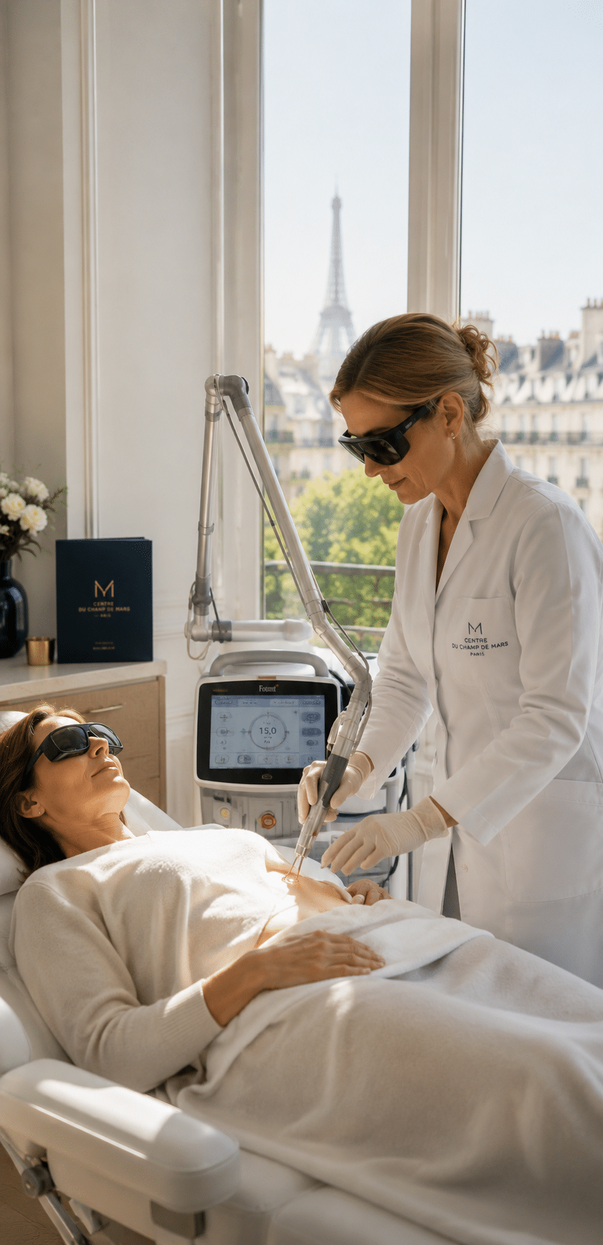 Médecin réalisant un traitement par laser gynécologique Fotona® utilisant la technologie Er:YAG pour la sécheresse vaginale et le relâchement intime.