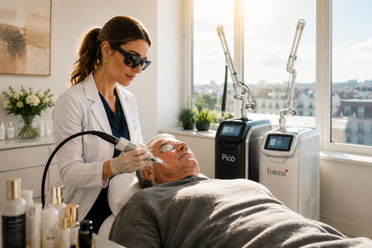 Médecin réalisant un traitement laser du visage chez un patient dans un cabinet de médecine esthétique à Paris pour la prise en charge des taches pigmentaires et du photovieillissement.
