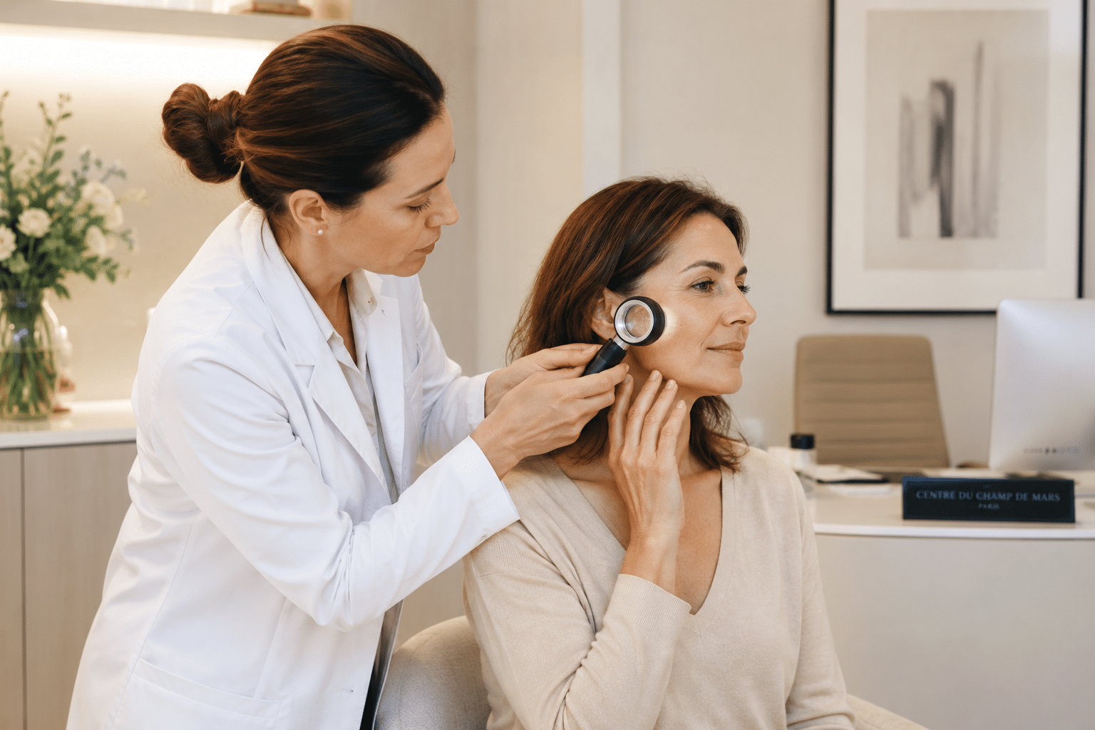 Consultation médicale pour l'évaluation d'une verrue, d'un grain de milium ou d'un angiome avant un traitement en dermatologie esthétique à Paris.
