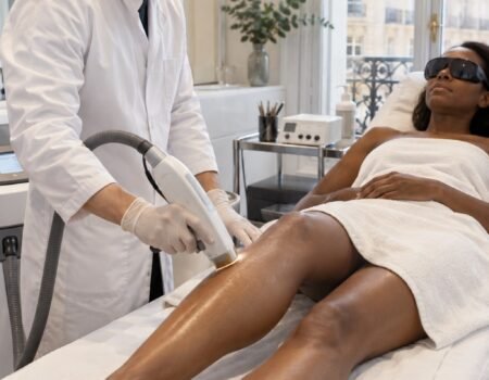 Médecin réalisant une séance d’épilation laser sur la jambe d’une patiente noire dans un cabinet médical à Paris