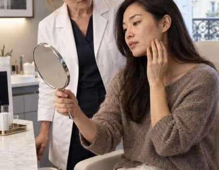 Médecin observant la texture de peau d’une patiente lors d’un diagnostic des pores dilatés à Paris