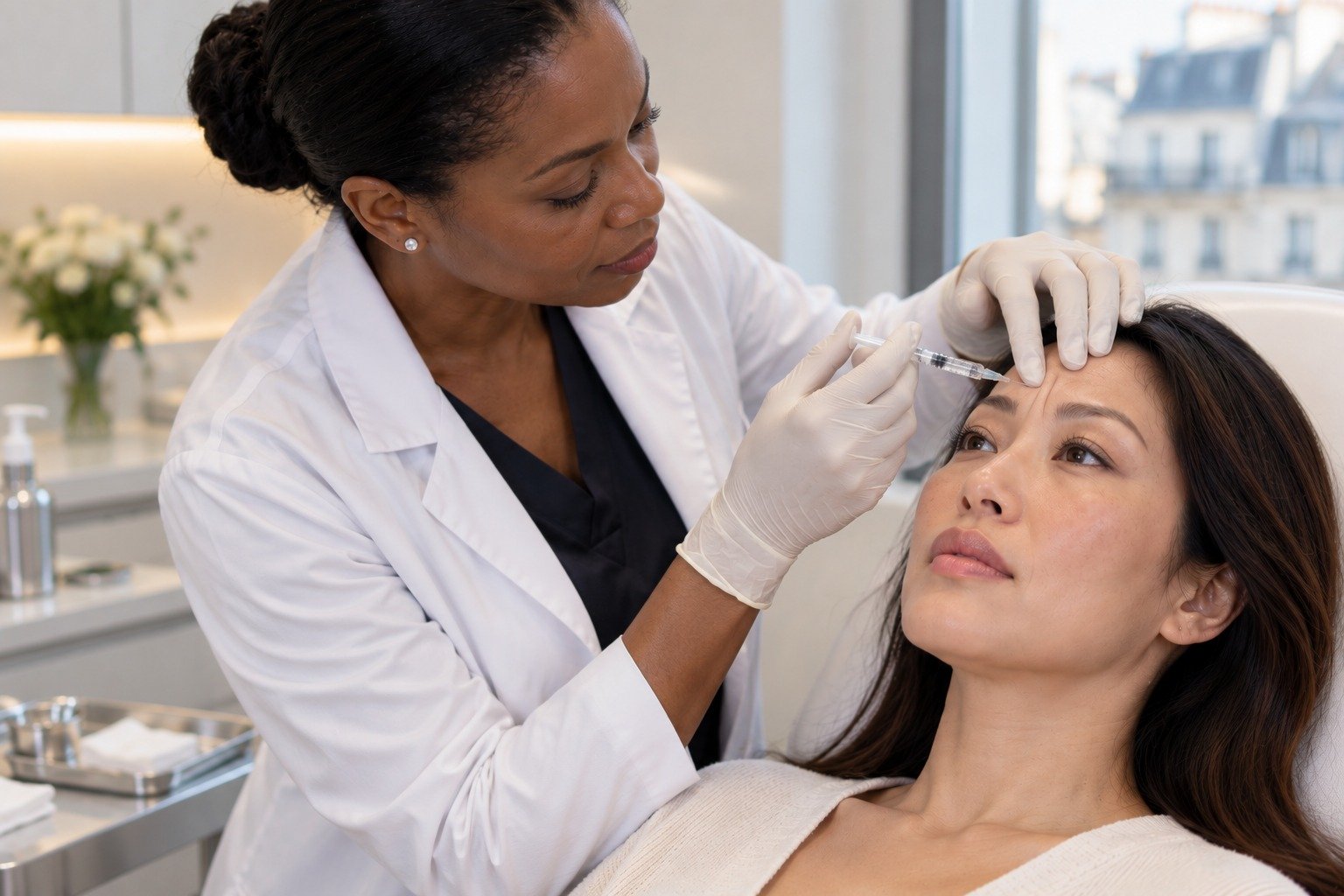 Médecin réalisant une injection de Botox sur le front d’une patiente à Paris