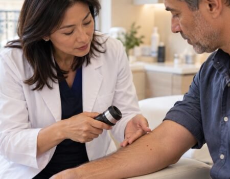 Angiome rubis : médecin examinant de petits points rouges sur l’avant-bras d’un patient