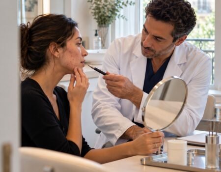 Laser pour l’acné : médecin évaluant une acné inflammatoire avant traitement