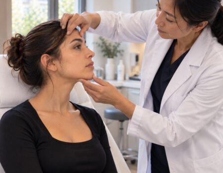 Repousse paradoxale : médecin examinant le duvet facial avant décision sur le laser